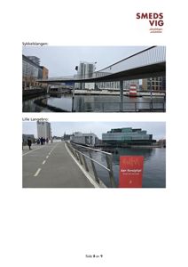 Fotografier av sykkelstier (Sykkelslangen og Lille Langebro) i et bymiljø med vann og bygninger i bakgrunnen.