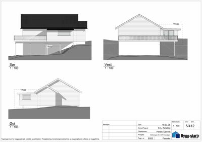 Fasadetegning som viser bygningens utseende fra tre sider (Sør, Vest, Øst) med skisse over tak og fasadebehandling.