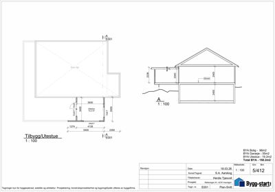 Plan-snitt av en bygning som viser etasjehøyder, takform og romfordeling.
