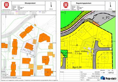 Bildet viser to kart: et situasjonskart (venstre) som viser eksisterende bygninger og et reguleringsplankart (høyre) som viser arealbruksplanleggingen for eiendommen.