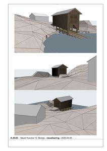 Tre ulike vinkler av en 3D-visualisering (rendering) av et hus på stoler ved vannet, med polygoner som viser underliggende modell.