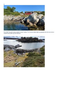 To foton som viser et kystlandskap med en rød bygning og en brygge. Bildene illustrerer et ønske om å etablere et naust.