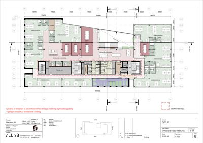 Etasjeplan (PLAN 02) som viser romfordeling, funksjoner og mål for et kontorbygg.