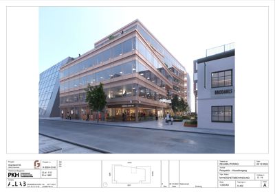 3D-visualisering (rendering) av en planlagt bygning med omgivelser, inkludert fasade og gateliv.