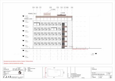 Fasadetegning som viser bygningens utseende, høyder og fasadebehandling.