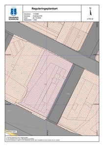 Reguleringsplankart som viser eiendomsgrenser, arealer og infrastruktur i Drammen kommune.