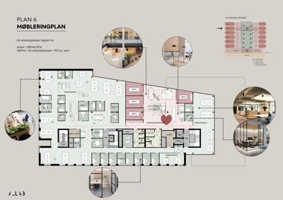 Etasjeplan (Plan 6) som viser møblering og romfordeling for 66 arbeidsplasser.