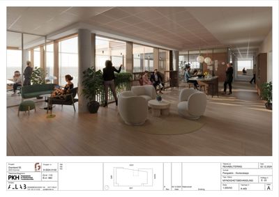 3D-visualisering (rendering) av et kontorrom med møbler, planter og personer for å illustrere innredning og atmosfære.