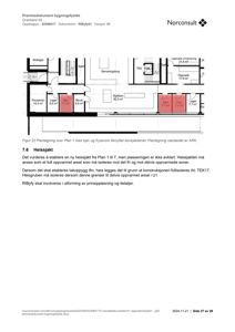 Bildet viser en plantegning (Figur 22) av etasje 1 i en bygning, som viser romfordeling, arealer og plassering av kjøkken og fryserom.