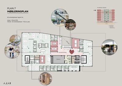 Etasjeplan (møbleringsplan) som viser romfordeling, møblering og arealbruk for et kontorbygg.