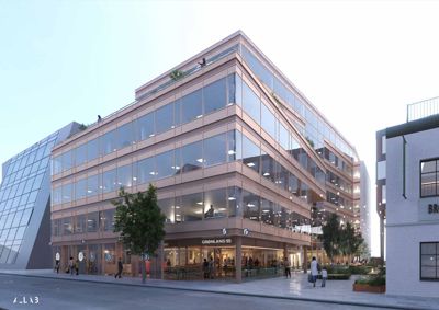 3D-visualisering av en planlagt bygning med omgivende miljø, inkludert gatelys, trær og nabolag.