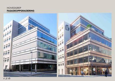 Bildet viser en sammenligning av et eksisterende bygg (venstre) og en 3D-visualisering av det samme bygget etter fasadeoppgradering (høyre).