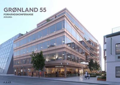 3D-visualisering av et nytt bygg (Grønland 55) med omgivende gatemiljø og planter.