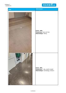 Et dokument som viser to fotografier av gulvbelegg (maling og linoleum) med tilhørende informasjon om prøver.