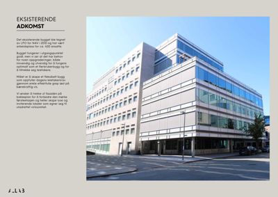 Fotografi av eksisterende bygning (ADKOMST) med tekstbeskrivelse til venstre.