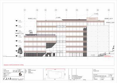 Fasadetegning som viser bygningens utseende sett fra vest, med høydeangivelser og konstruksjonsdetaljer.