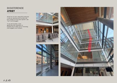 Fotografier av et eksisterende atrium i et kontorbygg, inkludert utsikt oppover mot taket og nedover mot gulvet.