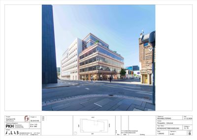 3D-visualisering (rendering) av en bygning i et gatemiljø, vist fra et perspektiv.