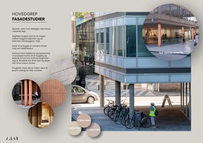 Fotografisk dokumentasjon av fasadeutforming med tekstbeskrivelse av materialvalg og designkonsepter.