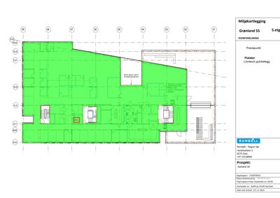 Etasjeplan (5. etasje) med romfordeling, vegger og en markert soner for miljøkartlegging.