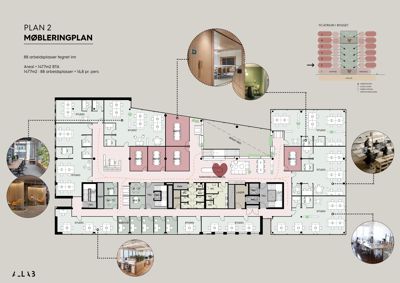 Møbleringsplan for etasje 2 (PLAN 2) som viser romfordeling, arbeidsplasser og arealoppdeling.