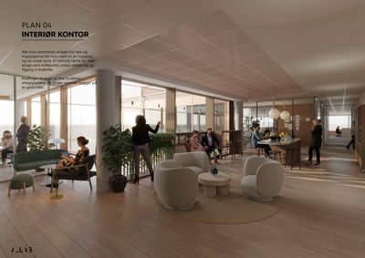 3D-visualisering av et kontorinteriør (PLAN 04) med møbler, planter og personer for å illustrere romkvalitet og atmosfære.