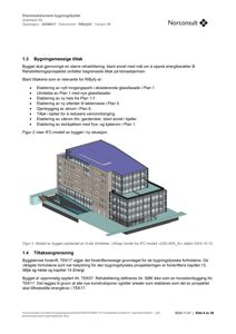 3D-modell av bygget i ny situasjon, vist i et perspektiv som viser fasade og volum.
