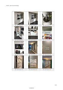En rapport med 12 fotografier som viser detaljer i en kjøkken- og oppbevaringsområde (kabinett, vask, kjøleskap, skap).