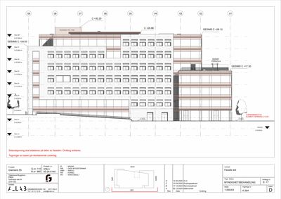 Fasadetegning av en bygning sett fra vest, med høydeangivelser og arkitektoniske detaljer.