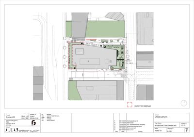 Situasjonsplan som viser bygningens plassering i forhold til naboeiendommer, veier og grunneiergrenser.