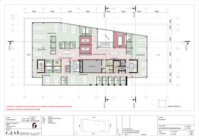 Etasjeplan (plan 07) som viser romfordeling, arealer og funksjoner i et kontorbygg.