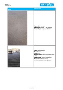 Et dokument (Vedlegg 3) som inneholder to fotografier av materialprøver: en teppegulvprøve og en terrassebordsprøve.