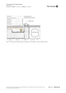 Tegning som viser et teknisk detalj av en sokkelovergang med oppriss av konstruksjonslag (membran, isolasjon, dampsperrer) og dørterskel.
