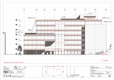Fasadetegning av bygning sett fra vest, med høydeangivelser og konstruksjonsdetaljer.