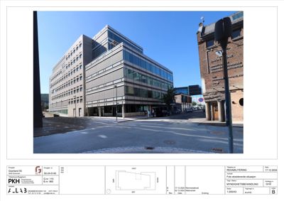 Fotografi av eksisterende bygning (Granland 55) med tilhørende situasjonsbeskrivelse og tegningsinformasjon.