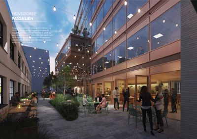 3D-visualisering av en passasje mellom to bygninger med lys, planter og møblering.