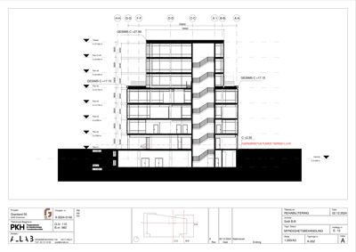 Snittegning (tverrsnitt) som viser bygningens høyde, etasjer, takhøyder og grunnplan.