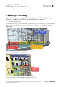 3D-visualiseringer (renderinger) av en bygning som viser planlagte endringer på fasaden, inkludert nye glassflater, røykluke og et nytt atrium.