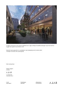 Fotografi av en planlagt eller eksisterende bygning med utendørsområde, lysklinger og personer.