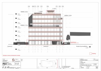 Fasadetegning av bygningen sett fra nord, som viser høyder, planhøyder og fasadebehandling.