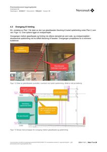 Dokumentet viser en teknisk detaljtegning (snitt) som illustrerer overgangen mellom en ny glassfasade og en eksisterende spilehimling, inkludert konstruksjonsdetaljer for dampsperring og luftforsegling.