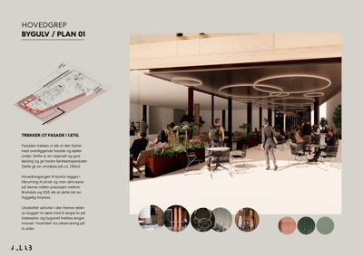 Fotografi av et innendørs rom (kafé eller lobi) med mennesker, møbler og arkitektoniske detaljer som lysarmaturer.