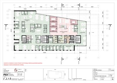 Etasjeplan (PLAN 06) som viser romfordeling, møblering og leietakeroppdeling for et kontorbygg.
