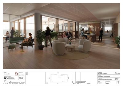 3D-visualisering av et kontorinteriør (perspektivtegning) med detaljerte materialvalg og innredning.