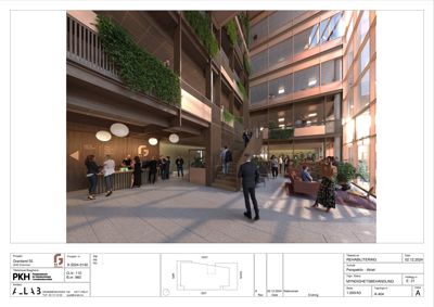 3D-visualisering (rendering) av etasjeplanen for en rehabiliteringsprosjekt, som viser romfordeling, innredning og atmosfære.