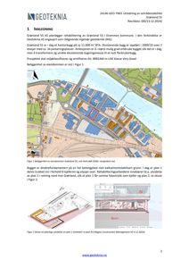 Et dokument fra Geoteknia som viser en tekstinnledning om rehabilitering av Grønland 55, samt to bilder: Figur 1 er et kart over eiendommen (situasjonsplan), og Figur 2 er en skisse av planlagt utvidelse (tegning).