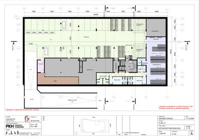 Etasjeplan (PLAN U1) som viser romfordeling, funksjoner (parkering, lager, sykehusavdeling) og dimensjoner for en rehabilitering.