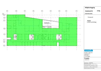 Etasjeplan (2. etg) med romfordeling, vegger og gulvbelegg (Linoeum) for Miljøkartlegging.