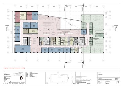 Etasjeplan (plan 03) som viser romfordeling, arealer og funksjoner i et bygg.