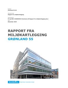 Fotografi av en moderne bygning med glassfasade, inkludert dokumentinformasjon og logo.